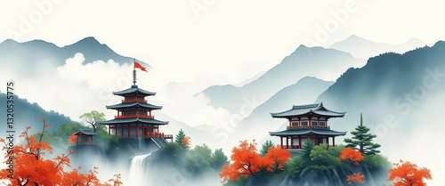 Ink wash painting of serene Japanese temple nestled in misty mountains, serenity, black ink