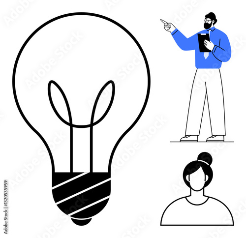 Large minimalist lightbulb symbol. Man presenting with gestures and clipboard, woman listening. Ideal for creativity, teamwork, brainstorming, innovation, education collaboration leadership. Flat