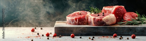 Fresh raw meat cuts with herbs and spices on a wooden board ready for cooking.