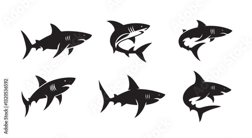 Shark fish black soild silhouette bundle isolated on white background, clip art logo icon set	