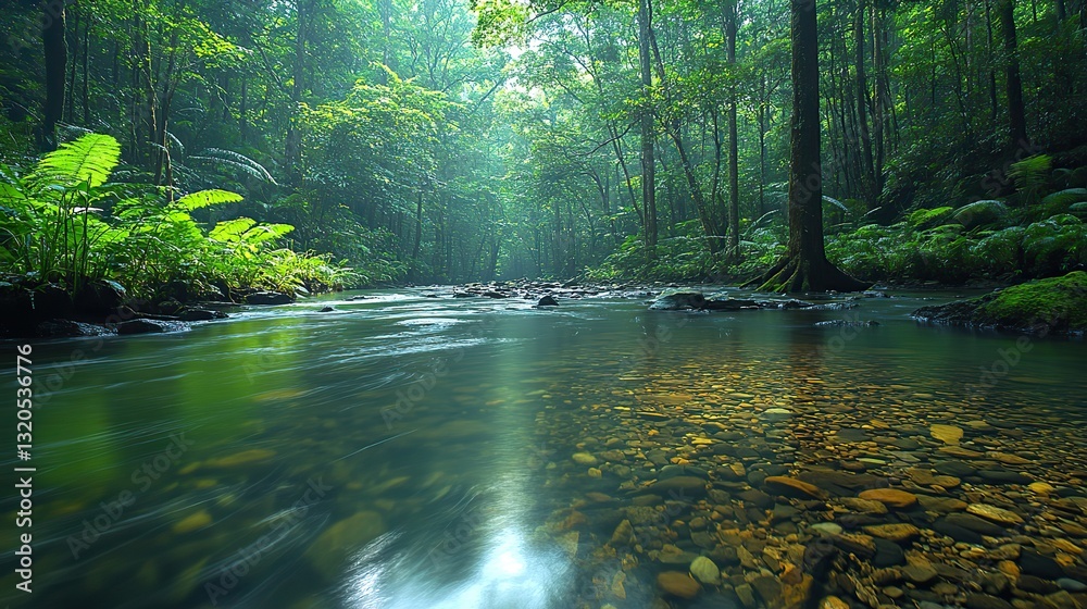 Obraz premium A tranquil river, meandering gently through a dense, vibrant green rainforest, creates a serene, beautiful landscape.