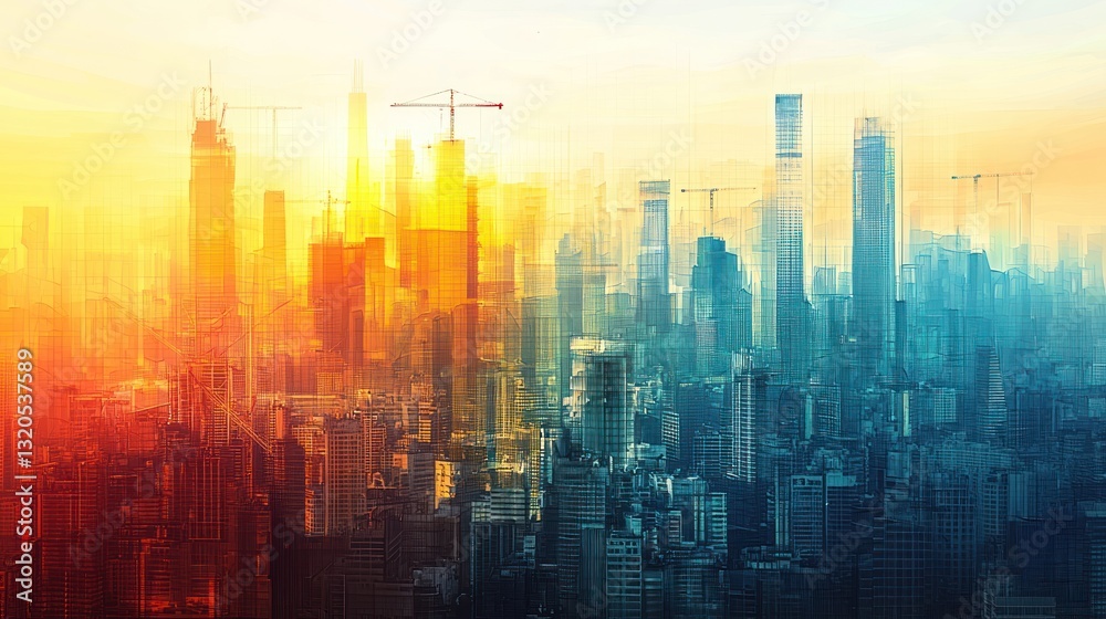 Fototapeta premium A stylized cityscape with varying color and construction cranes