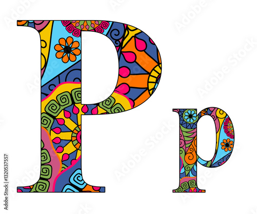 Vector image letter of the English alphabet with colorful vintage hand drawn pattern isolated on transparent background