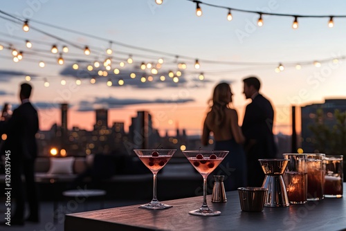 glamorous rooftop cocktail party at sunset where guests sip on cherry martinis under glowing string lights