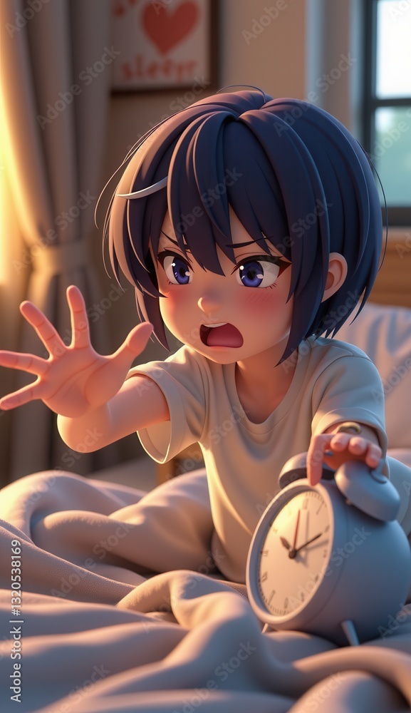 Frustrated Child Struggles with Alarm Clocks in Cozy Bedroom Setting Frustrated Child Struggles with Alarm Clocks in Cozy Bedroom Setting