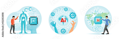 AI in Healthcare. Robots and Humans Touch Earth Icon. Visionaries Point to AI Icon on World Map.