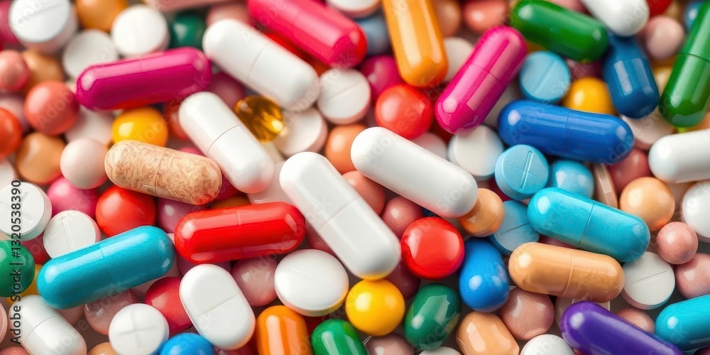 Macro view of diverse pills and capsules, various colors and sizes, health and wellness, drug Macro view of diverse pills and capsules, various colors and sizes, health and wellness, drug