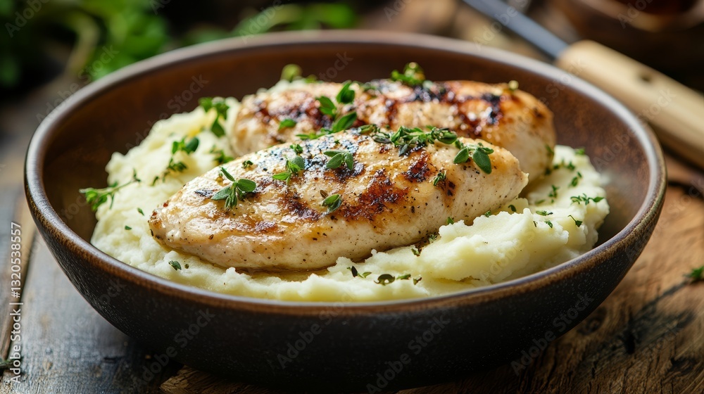 Rustic chicken breast and mashed potatoes. Premium food photo Rustic chicken breast and mashed potatoes. Premium food photo