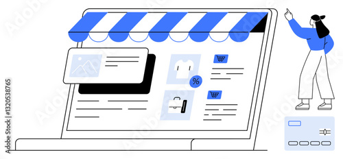 Woman engaging with online shopping platform on laptop screen. Features storefront awning, product cards, and purchase buttons. Ideal for e-commerce, retail, marketing, online sales, user experience