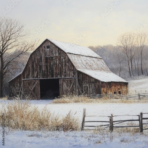 Frost covered barn in early morning