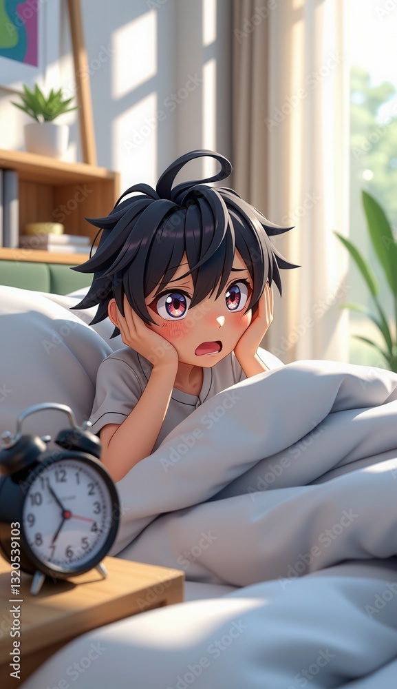 Young Boy Wakes Up Late, Surprised Expression, Alarm Clock in Room Young Boy Wakes Up Late, Surprised Expression, Alarm Clock in Room