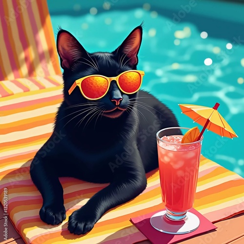 A black cat wearing sunglasses is sitting in a pool, eating a cocktail, showing satisfaction and humor.