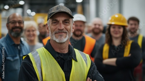 close up portrait of A diverse group of smiling industrial workers in safety gear, standing together for a team photo in a factory interior. An American man with graying hair is the focal point