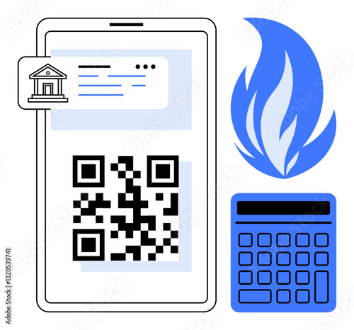 QR code on phone screen with bank notification, calculator, and flame icon symbolizing finance, digital payment, budgeting, energy bills, banking, tech efficiency and cost-saving. Flat simple