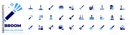 Broom icon collection. Bold style. Duotone colors. broom, brush, broomstick, sweeping, dust, cleaning, data cleaning, magic broom, mop, sweep, cleaner
