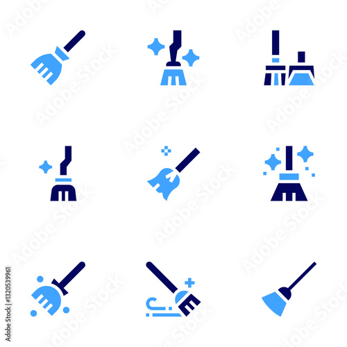 Broom icon set. Bold style. Duotone colors. broom, magic broom, sweep