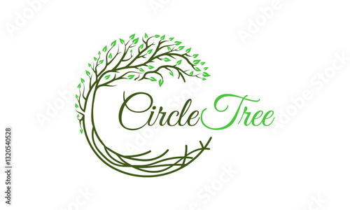 Green Leaf Nature Circle Tree And Root Logo Design Vector Icon Symbol Illustrations, Circle Tree Logo, Family Tree Six Season Tree logo that can be used in many business company and services