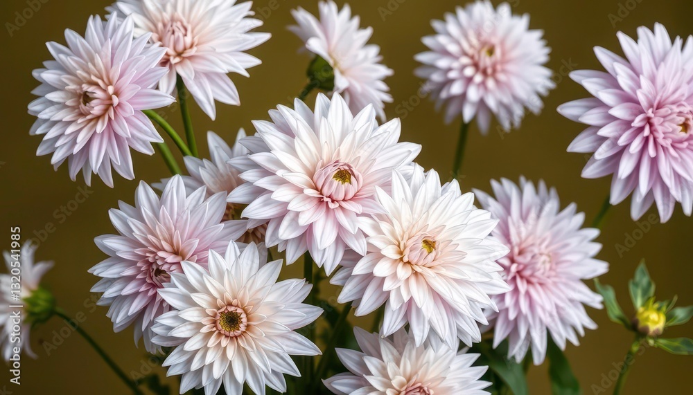 Radiant white dahlias with subtle lavender hues bloom against a muted olive green backdrop, light, background Radiant white dahlias with subtle lavender hues bloom against a muted olive green backdrop, light, background