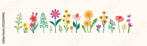 hand drawn spring flowers icon set romantic beautiful  flower backgrounds for decoration wild bloom, dandelion, tulip, daisy, cute and doodle floral vector illustration