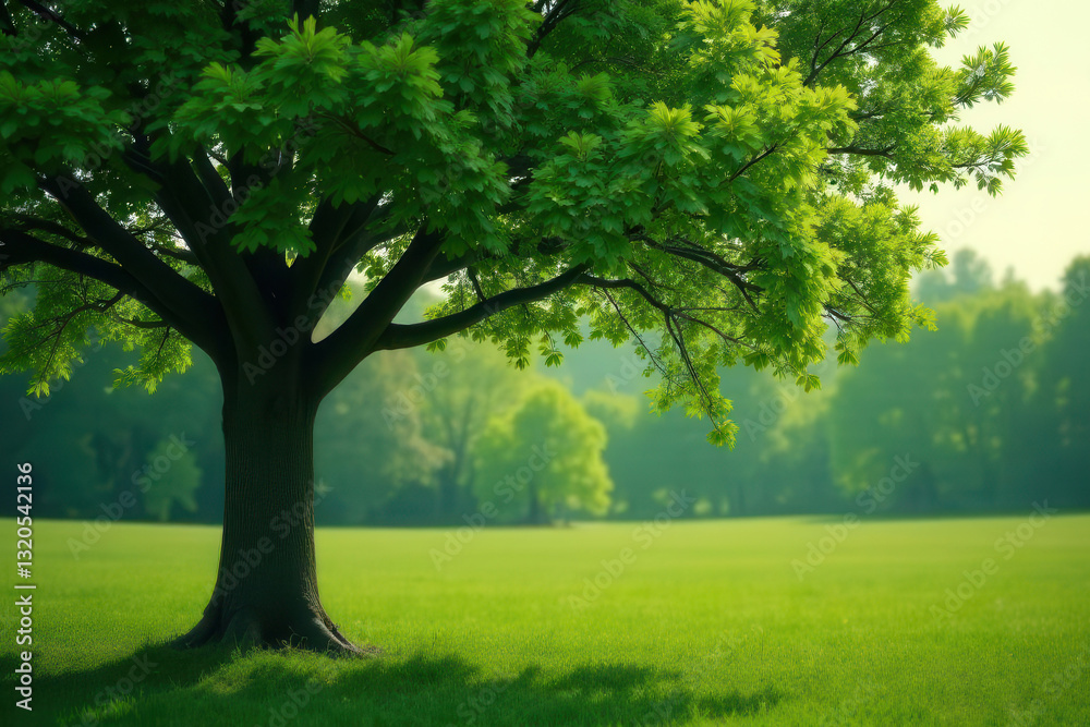 green tree on field with grass and forest background. summer nature background with copy space green tree on field with grass and forest background. summer nature background with copy space