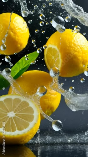 Fresh lemons splashing into water with mint leaves, creating a refreshing scene