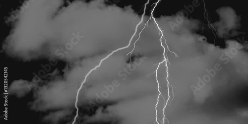 Thunder, lightnings and rain on a stormy summer night in black and white. Lightning bolts in the sky at night. 
