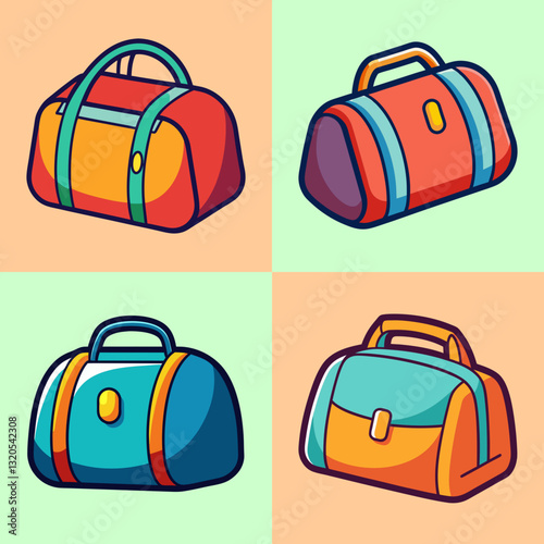 Colorful Travel and Handbag Icons – Vector Set - A vibrant collection of four stylish bag icons, including travel bags, duffle bags, and handbags in a modern, flat design.