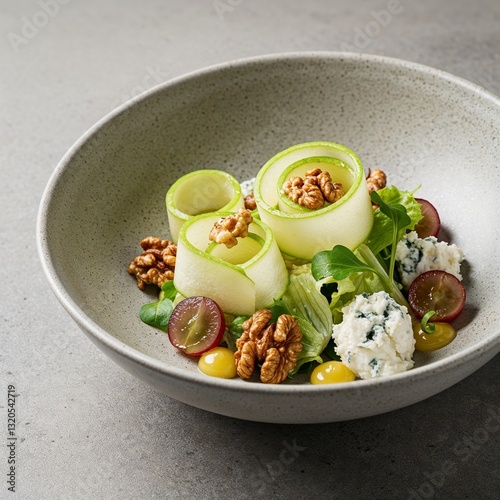 Waldorf salad with apple ribbons, candied walnuts, grape spheres, and blue cheese mousse for restaurant menus, food blogs, gourmet recipes, and culinary photography