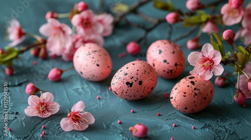 Pink speckled Easter eggs with cherry blossoms on a textured background