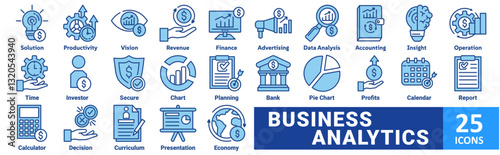 Business Analytics icon set. with icon solution, productivity, vision, revenue, finance, advertising, data analysis, accounting, insight, operation, time, investor, secure, chart, planning, bank
