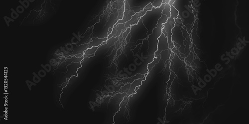 Thunder, lightnings and rain on a stormy summer night in black and white. Lightning bolts in the sky at night. 
