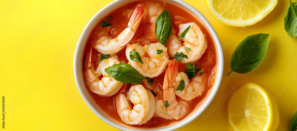 shrimp in tomato soup with yellow background shrimp in tomato soup with yellow background