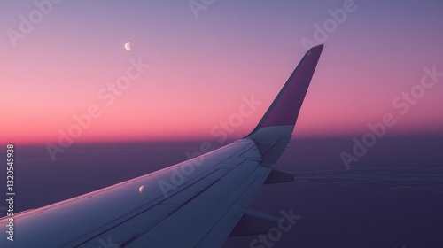Airplane Wing Over Purple Sky at Sunset