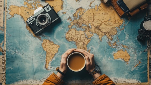 Coffee Break Before Adventure: Planning a Journey on a World Map