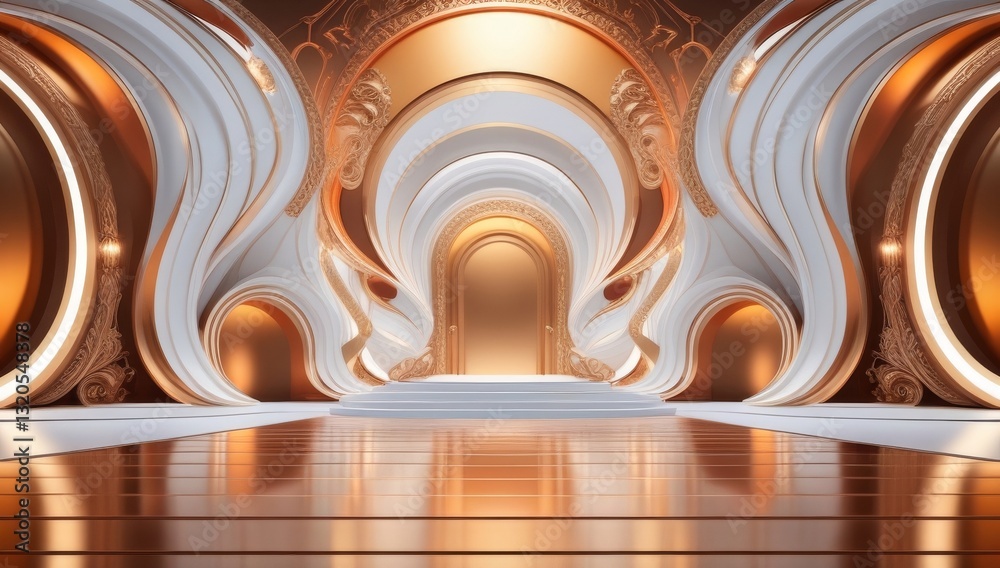 White golden ceremony award stage venue background.