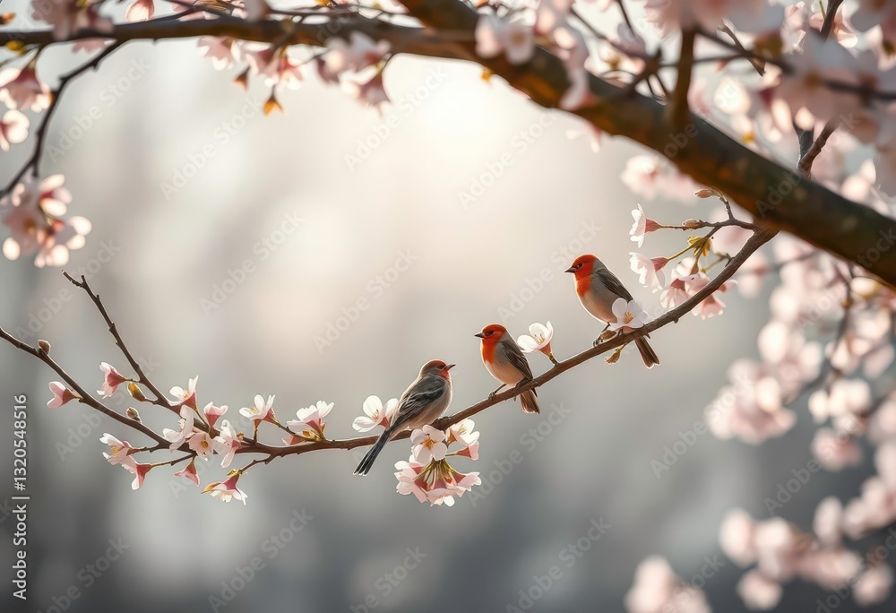 Soft spring light bathes a blossoming tree branch where several birds rest peacefully, macro, ornithology Soft spring light bathes a blossoming tree branch where several birds rest peacefully, macro, ornithology