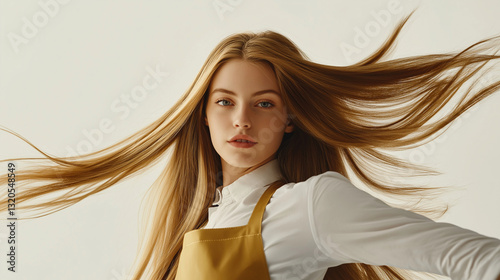 Obraz na płótnie Glamorous Hairstylist Model in Gold with Sleek Flowing Hair w salonie