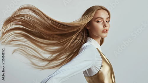 Glamorous Hairstylist Model in Gold with Sleek Flowing Hair