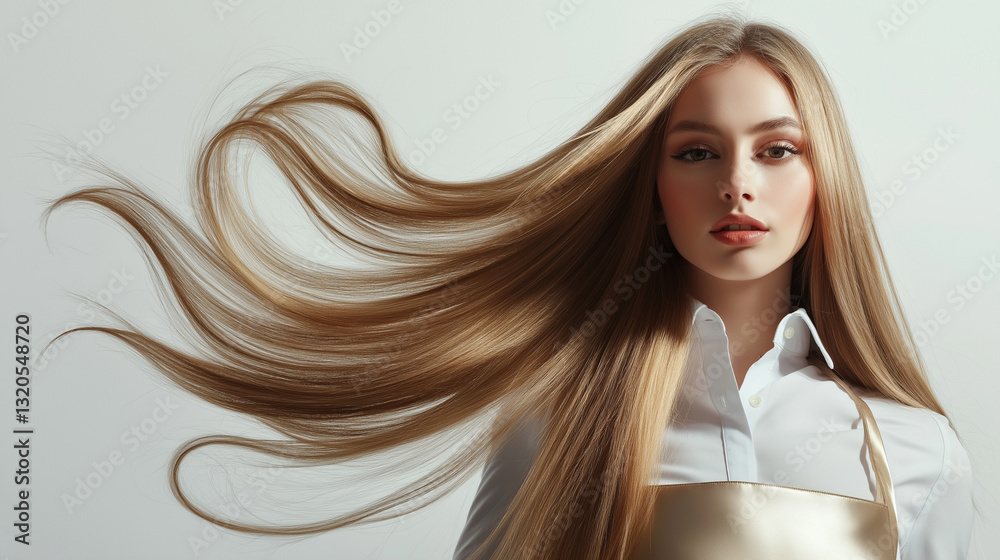 Glamorous Hairstylist Model in Gold with Sleek Flowing Hair