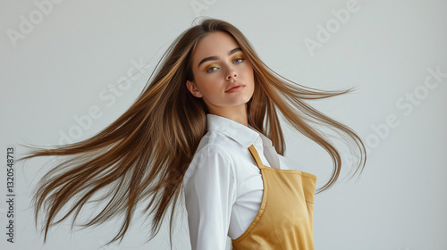 Glamorous Hairstylist Model in Gold with Sleek Flowing Hair
