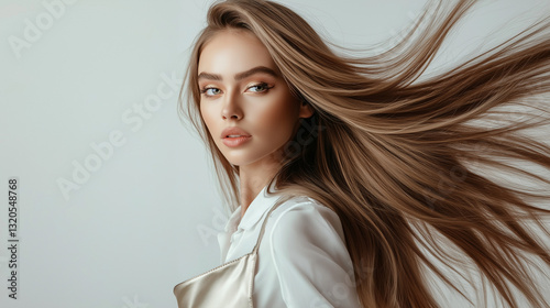 Obraz na płótnie Glamorous Hairstylist Model in Gold with Sleek Flowing Hair w salonie