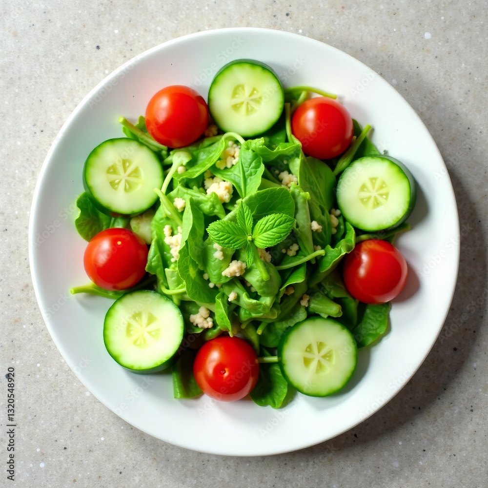 Fresh mixed green salad on a white plate with cherry tomatoes and cucumber slices, healthy, lunch