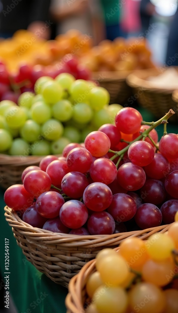 Fresh red and green grapes neatly arranged in baskets on a market stall, food, stall Fresh red and green grapes neatly arranged in baskets on a market stall, food, stall