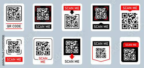 Scan me qr code icons set. Set of digital scanning qr code icons isolated. Barcode scanner icon. QR code for payment. Flat style. Vector illustration.
