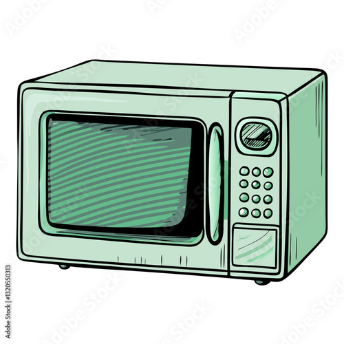 Hand-drawn microwave oven with detailed illustration