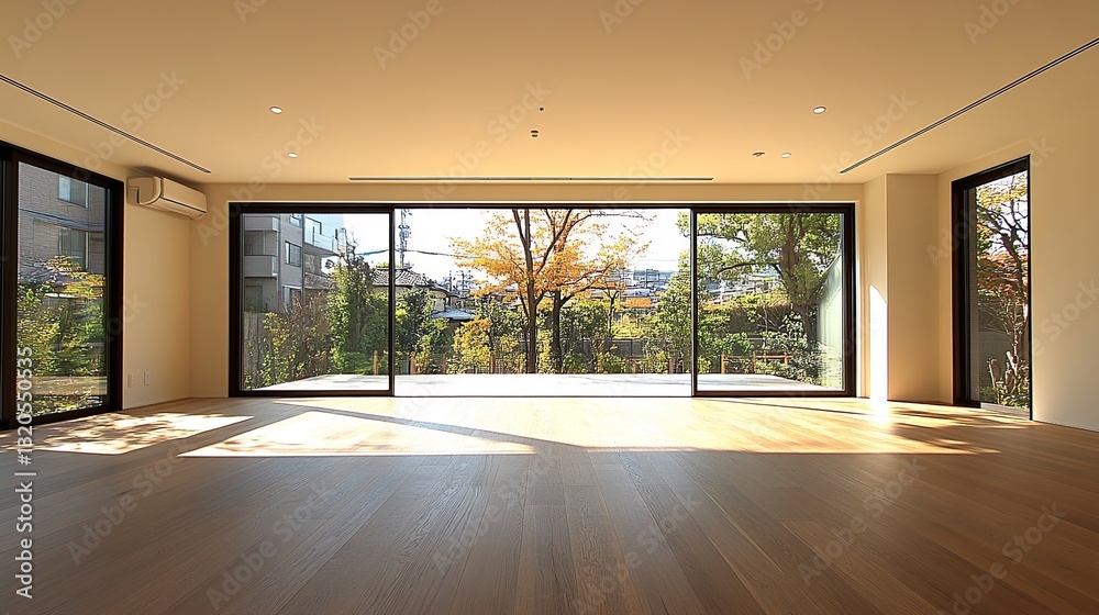 Obraz premium Modern spacious home interior with large glass walls showcasing a garden view