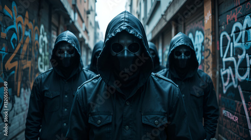 Masked hooded figures in urban setting. Graffiti-covered walls. Mysterious group with concealed identities. Tense atmosphere. Potential gang or criminal activity. Urban subculture and youth unrest