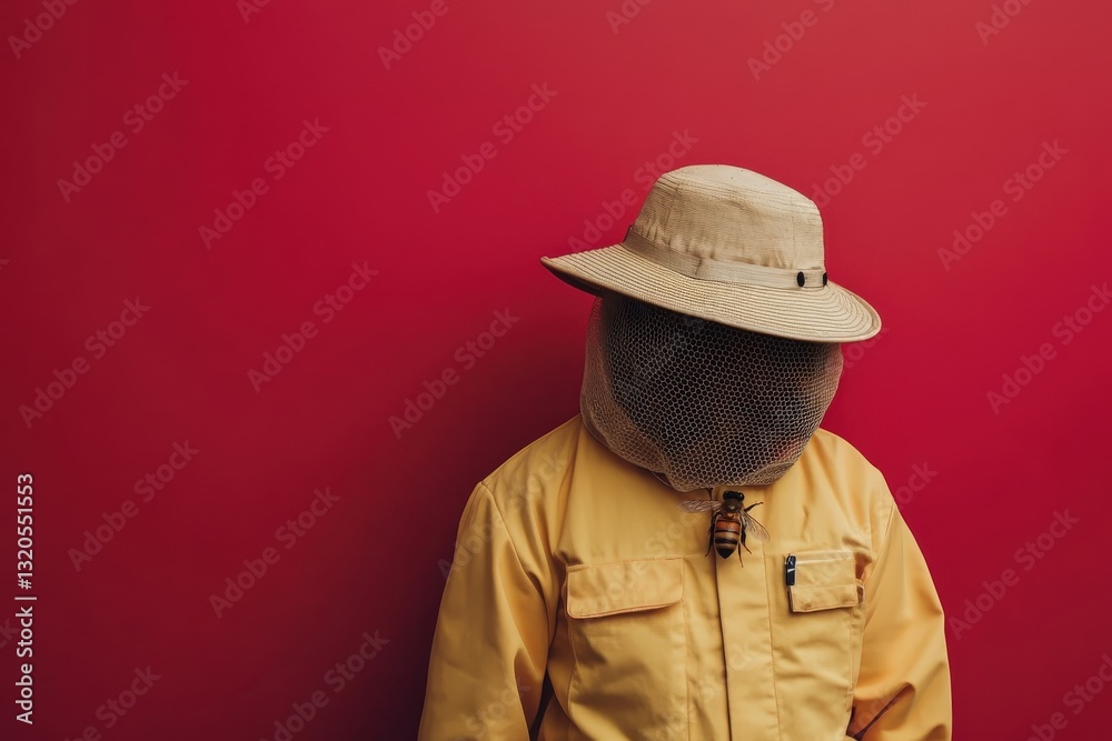 A beekeeper wearing protective clothing with an insect present A beekeeper wearing protective clothing with an insect present