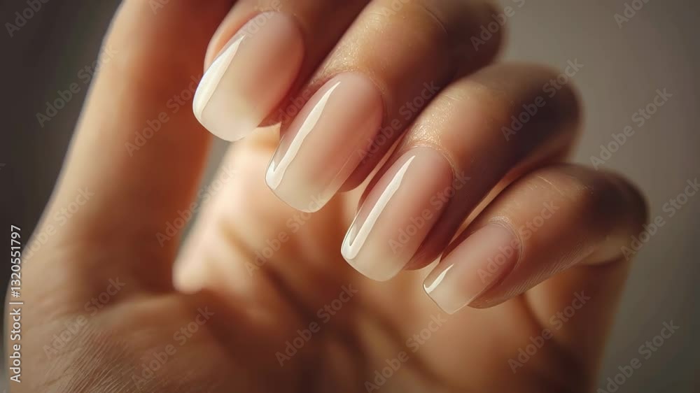Professional french manicure presenting glossy, well manicured fingernails featuring smooth white pink gradient highlighting elegant nail styling