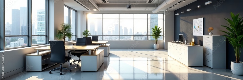 Modern office interior with sleek furniture and large windows, desk, chair, workplace Modern office interior with sleek furniture and large windows, desk, chair, workplace